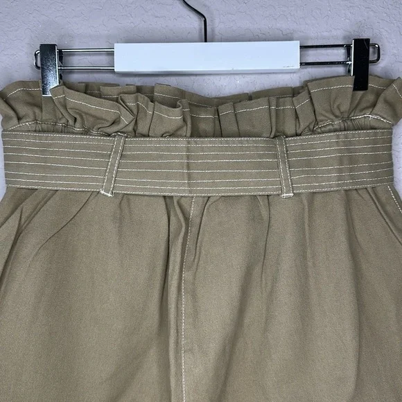 River Island 100% Cotton Khaki Green High Rise Paper Bag Belted Shorts Size US 6 - Picture 6 of 13